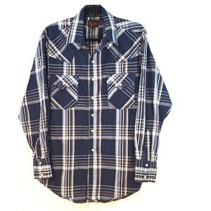 Plains Western Wear Long Sleeve Pearl Snap Mens Shirt Blue Gray Brown Plaid Sz M